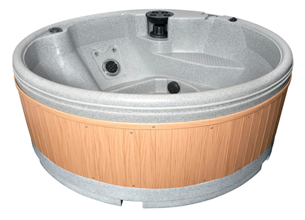 RotoSpa QuatroSpa 5-6 person round hot tub with light grey shell and teak panels