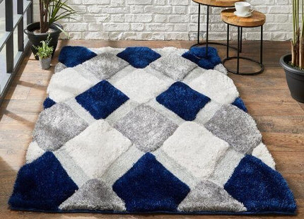 3D Navy Geometric Shaggy Rug