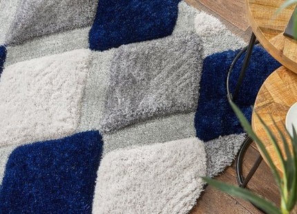 3D Navy Geometric Shaggy Rug