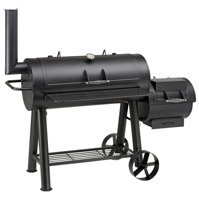 Atom Grills Everest XXL Charcoal BBQ & Smoker Grill with Side Fire Box & Storage Shelf – Black