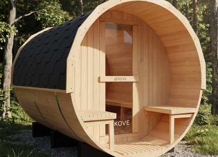 KOVE Outdoor Barrel Sauna – 5–6 Person Garden Sauna with 6kW Harvia Electric Heater