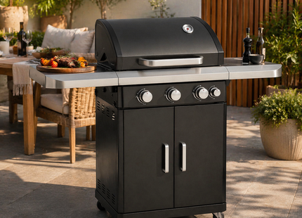 Atom Grills Xenon 3.1 3 Burner Gas BBQ with Side Burner & Warming Rack – Black