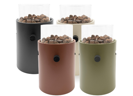 Set of four cylindrical planters in black, brown, beige, and green with transparent lids on a white background.