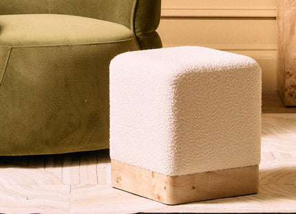 Mota Cream Boucle and Burl Wood Square Stool