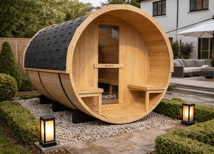 KOVE Outdoor Barrel Sauna – 5–6 Person Garden Sauna with 6kW Harvia Electric Heater