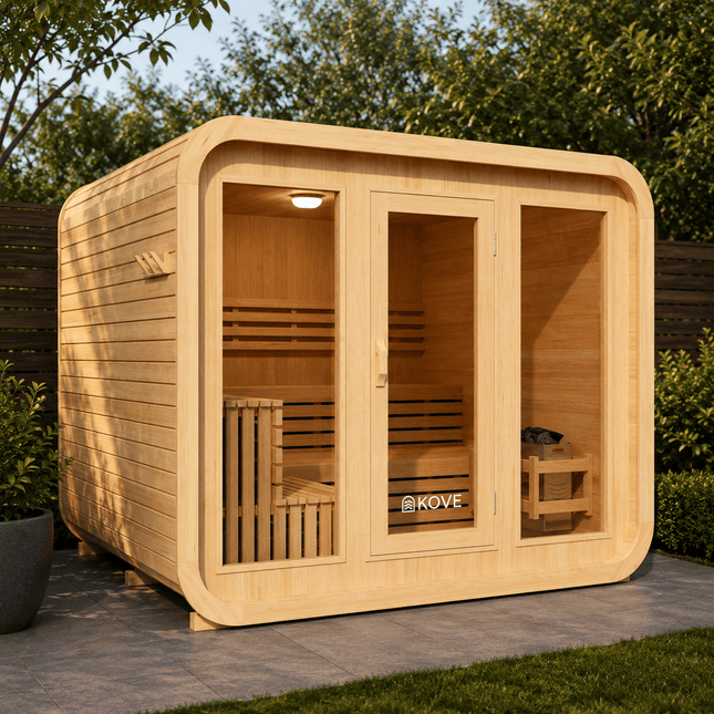KOVE Cube Sauna 5–6 Person Outdoor Sauna – Premium Spruce Wood, 8kW Harvia Heater, Modern Cube Design