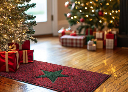 Christmas Star PVC Spaghetti Doormat - Red & Green Design